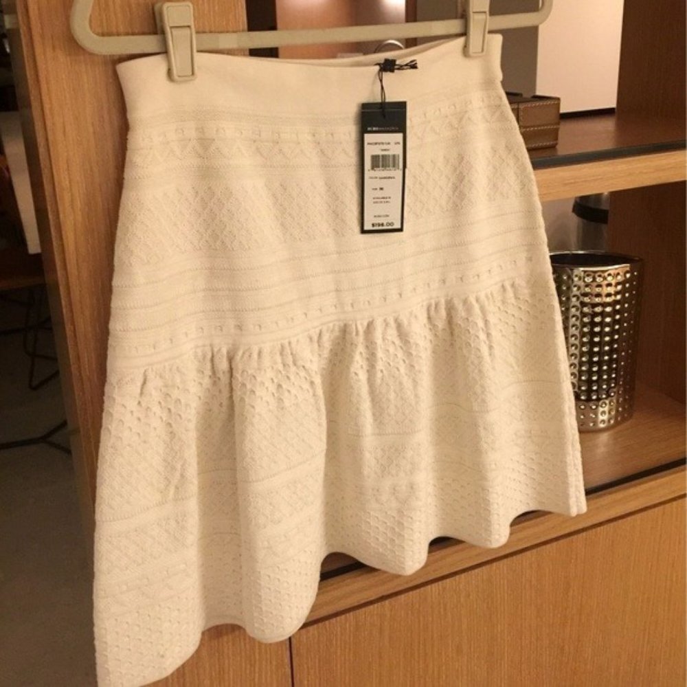 NWT BCBG Silk & Cotton Pointelle Peplum Mini Skirt, Cream White, Sz M